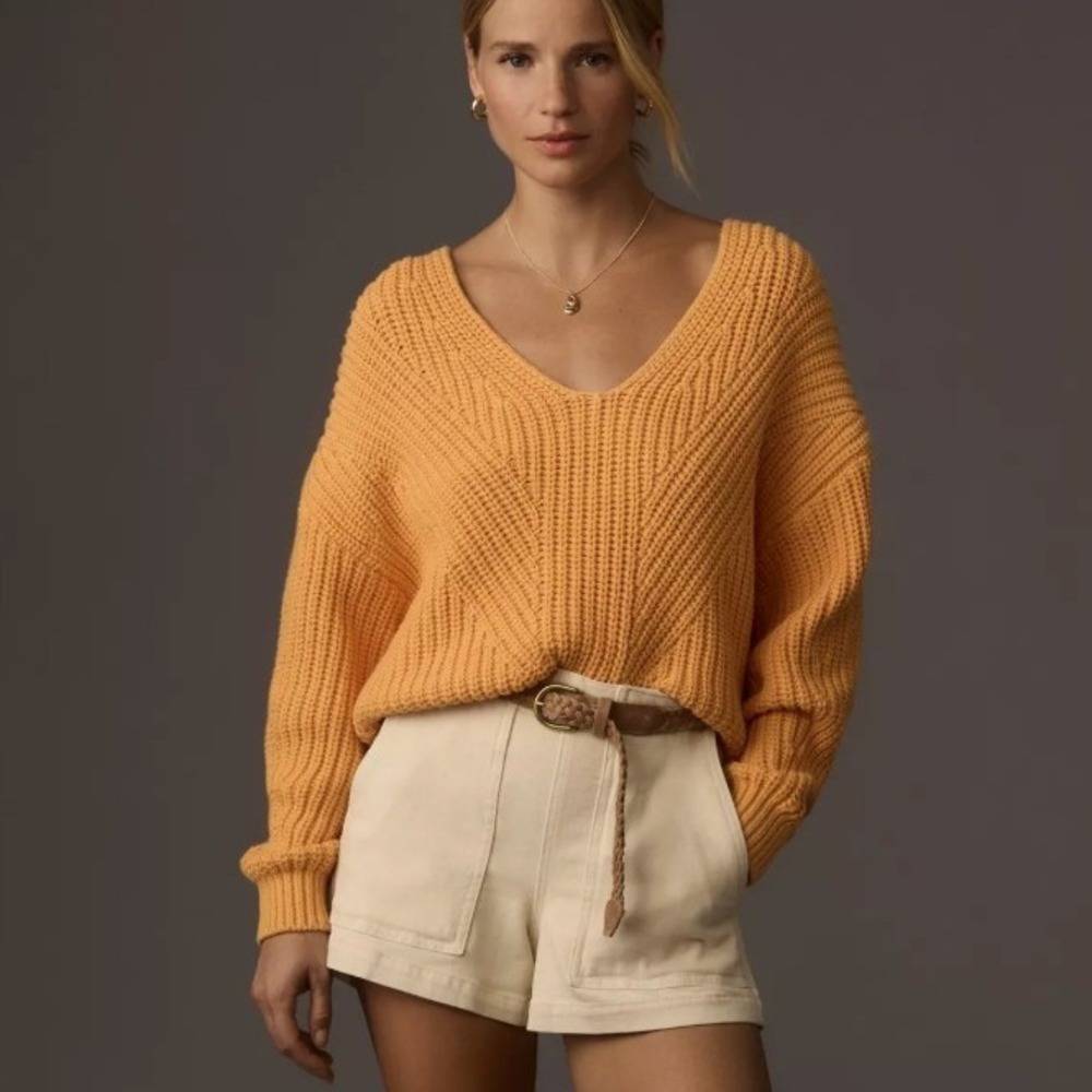 Maeve Anthropologie Chunky Knit V-Neck Sculptured Sweater Orange XS Cotton